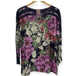 Johnny Was Navy Purple Cream Floral Long Sleeve 100% Silk Tunic Top Small